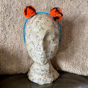 Handcrafted pom pom headband - tiger on turquoise. New!